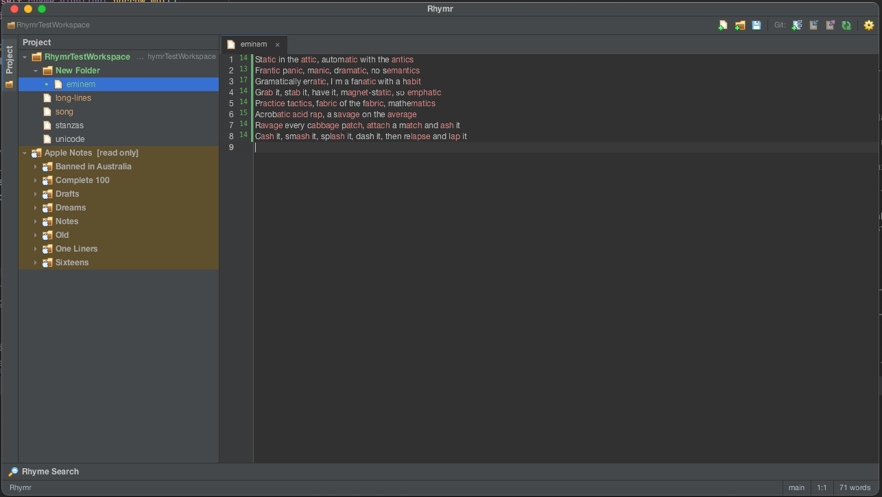The Rhymr window: a project tree on the left with an Apple Notes section mounted read-only, and an open file whose rhyming words are grouped by colour with a live syllable count in the gutter beside each line.